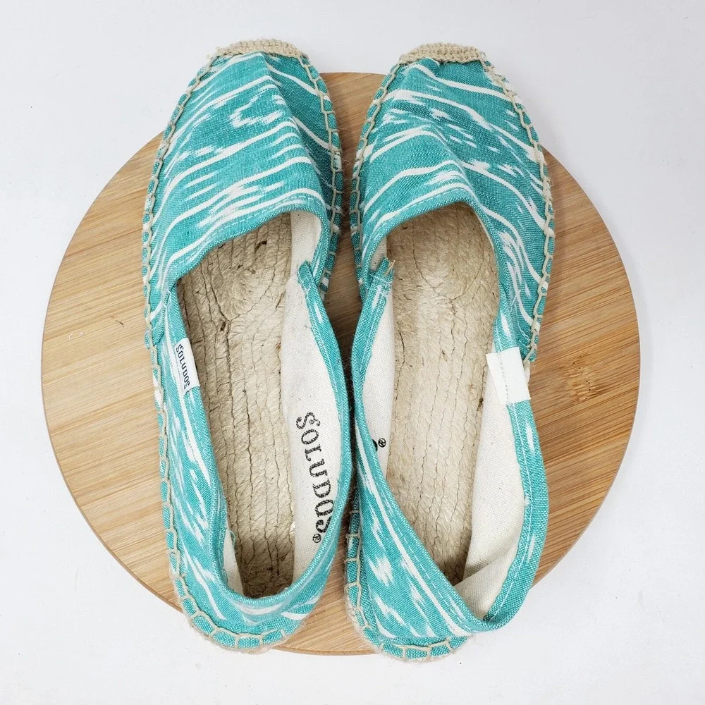 Soludos Espadrilles Womens 8.5 Blue Green Canvas Shoes Southwest Print Turquoise